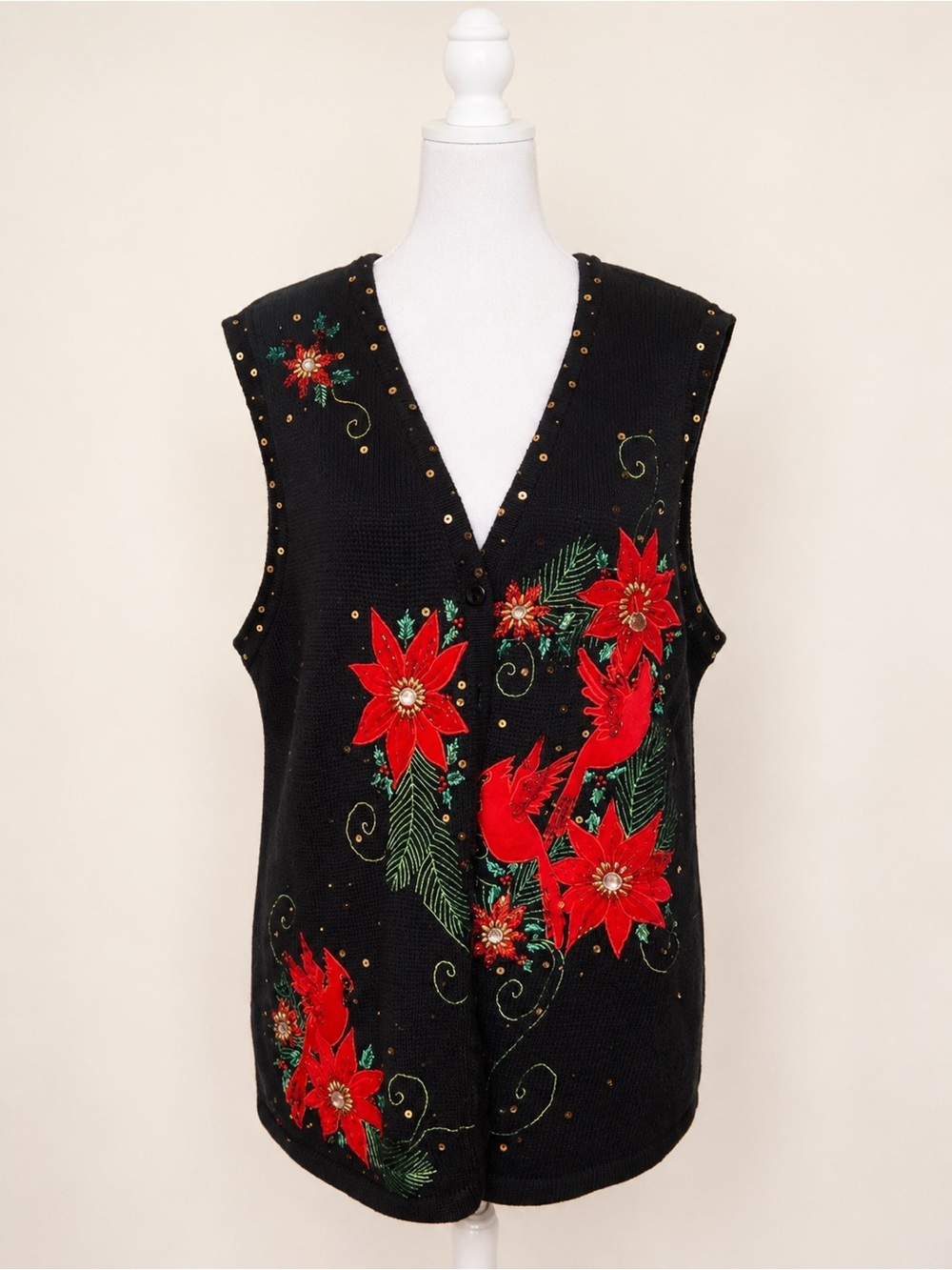 Vintage Kikit Christmas Poinsettia Cardinal Sweater Vest Size Large